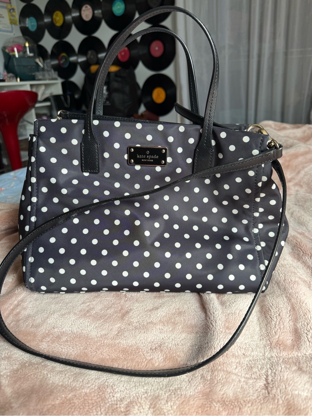 Kate Spade Black White Polka Dot Nylon Satchel Crossbody Bag PXRU4821